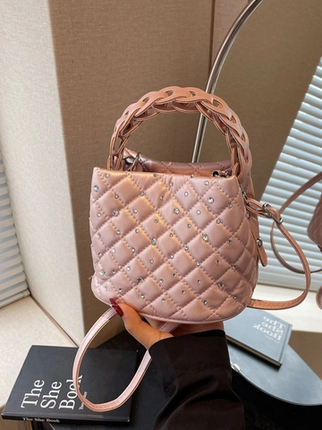 Women Rhinestone Quilted Bucket Bag PU Leather Fashion Woven Handle Crossbody Bag Summer Versatile Daily Shoulder Bag