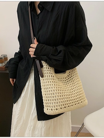 Women Large Capacity Woven Tote Bag Cotton Hollow Out Beach Vacation Bag French Retro Shoulder Bag With Adjustable Strap