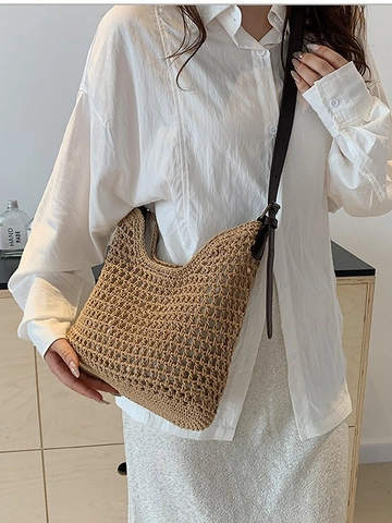 Women Large Capacity Woven Tote Bag Cotton Hollow Out Beach Vacation Bag French Retro Shoulder Bag With Adjustable Strap