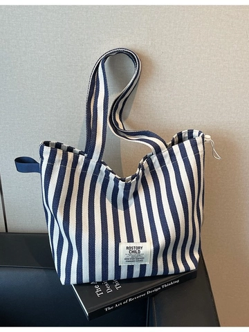 Women Casual Striped Canvas Tote Bag Large Capacity Shoulder Bag Double Sided Minimalist Shopping Handbag For Daily Use