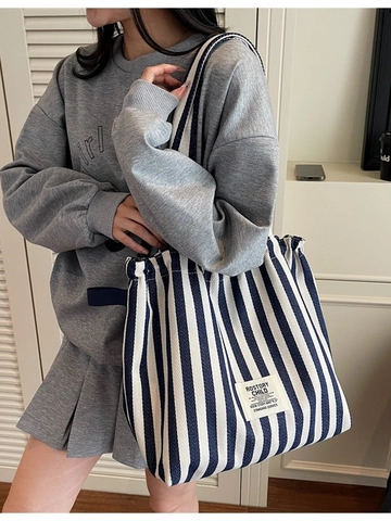 Women Casual Striped Canvas Tote Bag Large Capacity Shoulder Bag Double Sided Minimalist Shopping Handbag For Daily Use