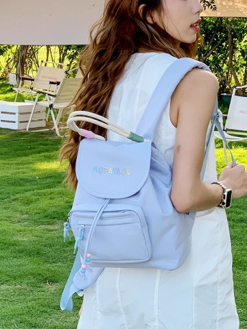 Korean Style Lightweight Nylon Backpack For Women Casual Travel School Bag With Letter Embroidered Drawstring Closure Versatile Daypack