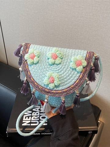 Bohemian Woven Bucket Bag For Women Handmade Floral Tassel Crossbody Bag Summer Beach Vacation Ethnic Style Shoulder Bag
