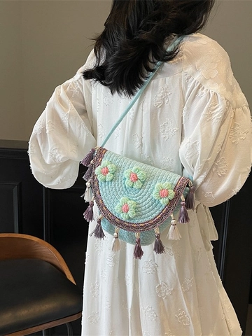 Bohemian Woven Bucket Bag For Women Handmade Floral Tassel Crossbody Bag Summer Beach Vacation Ethnic Style Shoulder Bag