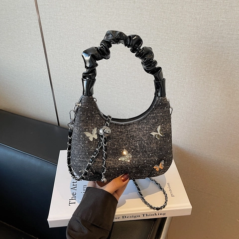 Sac à Main en Denim Papillon pour Femmes Y2K Sac à Épaule Avec Poignée Scrunchie Chaîne en Métal Argenté Paillettes Fashion Hobo Bag