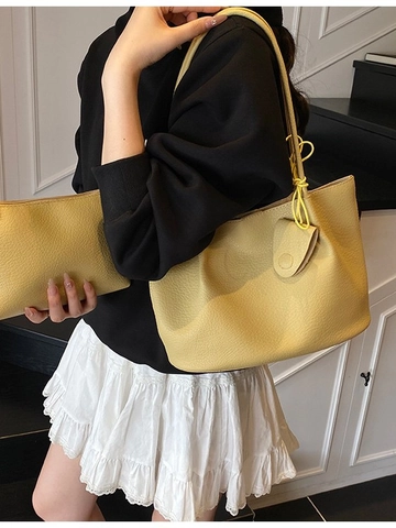 Women Lychee Grain PU Leather Tote Bag Set Minimalist Shoulder Handbag Small Pouch Two Piece Bag For Daily Travel Work