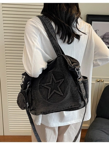 Vintage Washed Denim Star Tote Bag Large Capacity Women Shoulder Bag With Small Round Purse Casual Commuter Handbag
