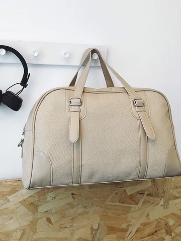 Vintage Canvas Artificial Leather Trim Travel Bag For Women Large Capacity Shoulder Duffle Bag Retro Casual Tote Handbag