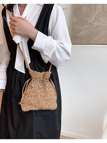 Handmade Crochet Hollow Bucket Bag For Women Bohemian Woven Drawstring Shoulder Bag With Wood Beads Daily Beach Crossbody Bag