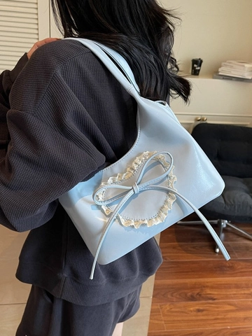 Women's Fashion Large Capacity PU Leather Hobo Shoulder Bag Sweet Heart Lace Bow Decoration Casual Commuter Underarm Bag