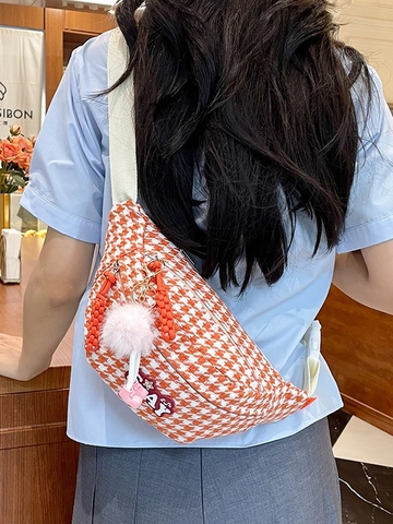 Trendige Nylon-Brusttasche mit Hahnentrittmuster für Damen Vielseitige Crossbody-Schultertasche mit Plüschanhänger Travel Pack