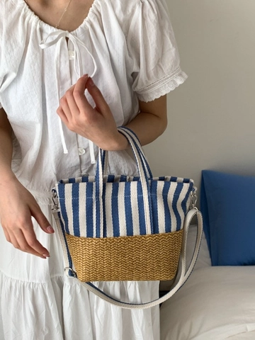 Stripe Canvas Patchwork Straw Tote Bag For Women Casual Beach Shoulder Bag With Removable Strap Large Capacity Handbag