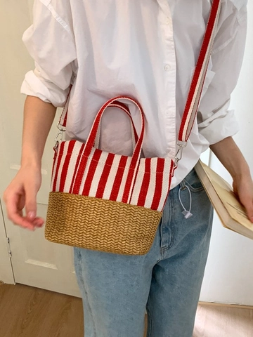 Stripe Canvas Patchwork Straw Tote Bag For Women Casual Beach Shoulder Bag With Removable Strap Large Capacity Handbag
