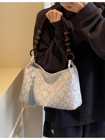 Women Retro Jacquard Cloth Tote Bag With Wood Bead Handle Niche Geometric Pattern Tassel Decoration Large Capacity Shoulder Underarm Bag