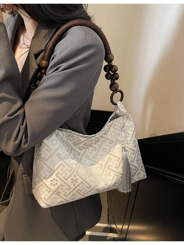 Women Retro Jacquard Cloth Tote Bag With Wood Bead Handle Niche Geometric Pattern Tassel Decoration Large Capacity Shoulder Underarm Bag