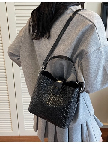 Women Woven Texture Bucket Bag Fashion PU Leather Large Capacity Shoulder Bag With Adjustable Strap Urban Casual Handbag