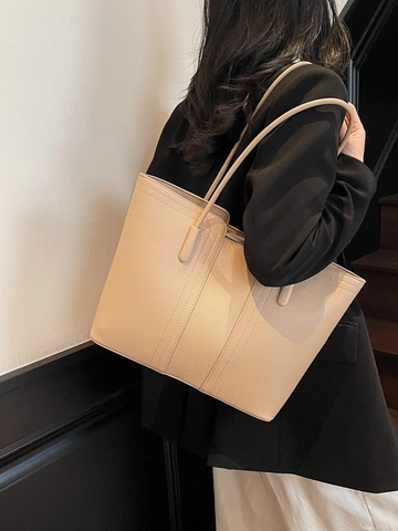Sac Fourre-Tout Grande Capacité pour Femmes Haute Texture en Cuir PU Simple Sac à Épaule pour Navette Doux Motif Litchi
