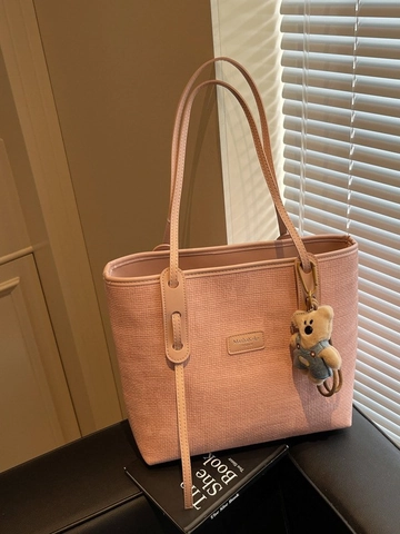 Large Capacity PU Leather Woven Texture Tote Bag For Women Fashionable Underarm Shoulder Bag With Removable Teddy Bear Charm