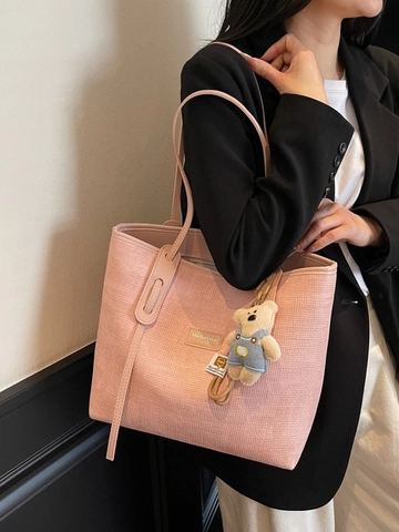 Large Capacity PU Leather Woven Texture Tote Bag For Women Fashionable Underarm Shoulder Bag With Removable Teddy Bear Charm