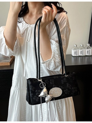 Vintage Floral Jacquard Nylon Underarm Bag For Women Minimalist Shoulder Bag With Silver Bow Pendant Casual Retro Handbag