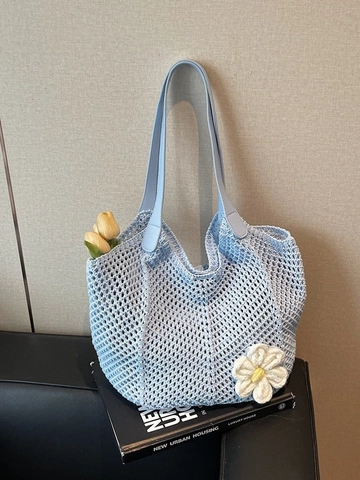 Borsa Shopping da Donna Intrecciata a Mano all'Uncinetto Grande Capacità Girasole Traforata Mare Vacanza Borsa a Spalla con Manico PU