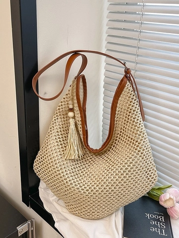 Bohemian Woven Tote Bag For Women Large Capacity Straw Shoulder Bag With Tassel Wood Beads Summer Beach Vacation Hobo Bag