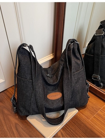 Women Large Capacity Denim Tote Bag Vintage Washed Canvas Shoulder Bag Casual Commuting Crossbody Bag With Side Pockets
