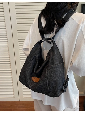Women Large Capacity Denim Tote Bag Vintage Washed Canvas Shoulder Bag Casual Commuting Crossbody Bag With Side Pockets