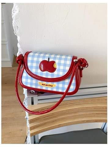Petit Sac Carré pour Femmes Style Coréen à Carreaux avec Broderie Pomme en Cuir PU Sac Bandoulière Messenger