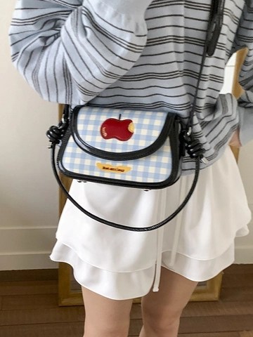 Petit Sac Carré pour Femmes Style Coréen à Carreaux avec Broderie Pomme en Cuir PU Sac Bandoulière Messenger