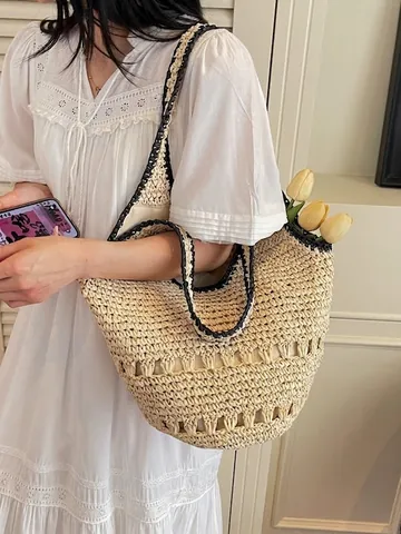 Large Capacity Straw Woven Tote Bag For Women Summer Beach Vacation Fashion Handmade Hollow Out Contrast Color Shoulder Bag