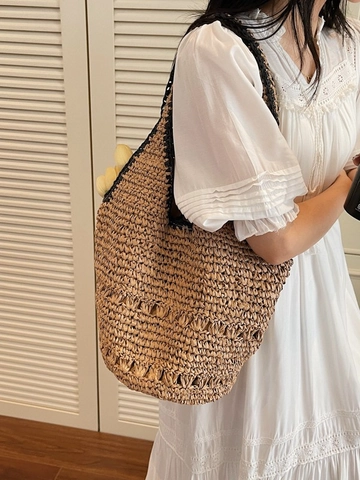 Large Capacity Straw Woven Tote Bag For Women Summer Beach Vacation Fashion Handmade Hollow Out Contrast Color Shoulder Bag