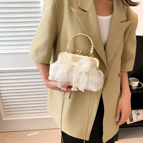 Vintage Tweed Shoulder Bag For Women With Large Bow Artificial Pearl Tassel Decoration Metal Handle Chain Strap Party Handbag