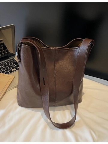 Large Capacity PU Leather Tote Bag For Women Retro Minimalist Shoulder Bag Solid Color Fashionable Daily Commute Handbag
