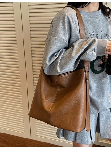 Large Capacity PU Leather Tote Bag For Women Retro Minimalist Shoulder Bag Solid Color Fashionable Daily Commute Handbag