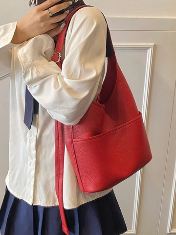 Borsa a Secchiello Hobo Donna Vintage Moda Casual in Pelle PU Trama Litchi Borsa a Tracolla per Viaggi Lavoro Quotidiano
