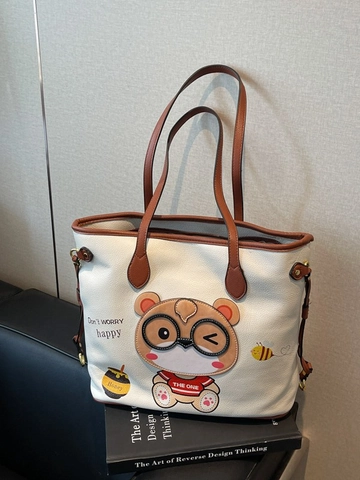 Women Cute Cartoon Bear Large Capacity Tote Bag PU Leather Shoulder Bag Contrast Color Commuter Handbag Happy Print Retro