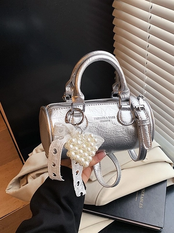 Vintage PU Leather Cylindrical Crossbody Bag For Women Retro Wrinkled Barrel Handbag With Artificial Pearl Heart Charm And Lace Bow