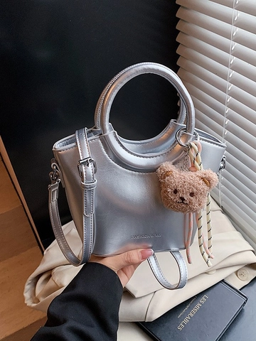 Women Fashion PU Leather Bucket Bag Korean Style Light Luxury Handbag With Plush Bear Charm Commuting Crossbody Shoulder Bag