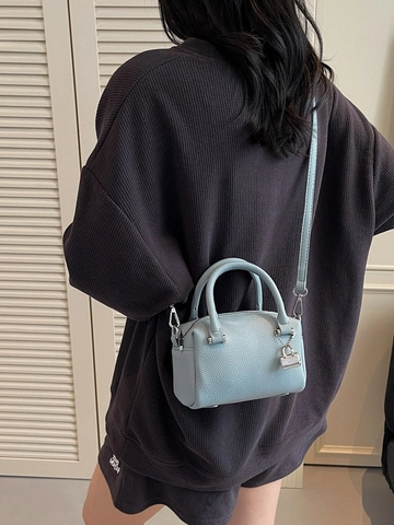 Women Minimalist Mini Boston Pillow Bag Luxury Litchi Grain PU Leather Top Handle Crossbody Handbag With Silver Lock Pendant