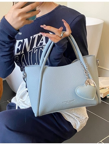 Fashion Women PU Leather Bucket Bag Minimalist Contrast Color Litchi Texture Handbag Shoulder Crossbody Bag With Heart Charm
