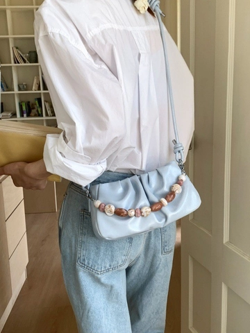Women Fashion Ruched Cloud Bag PU Leather Crossbody Bag With Beaded Chain Ruched Shoulder Bag Versatile Textured Handbag
