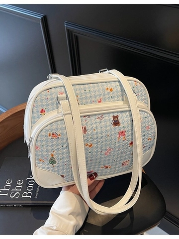 Women Cartoon Bear Print PU Leather Shoulder Bag Large Capacity Underarm Bag Casual Fashion Tote Bag For Daily Shopping Ladies