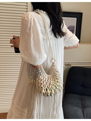 Handmade Bohemian Cotton Rope Woven Tassel Shoulder Bag With Wood Beads Hollow Out Summer Beach Vacation Bag For Women