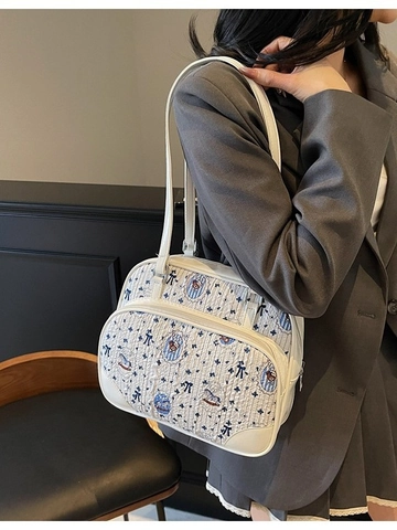 Women Cartoon Bear Print PU Leather Shoulder Bag Large Capacity Underarm Bag Casual Fashion Tote Bag For Daily Shopping Ladies