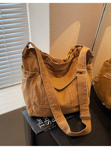 Large Capacity Canvas Crossbody Bag For Women Retro Distressed Fringed Edge Shoulder Tote Messenger Bag Casual Hobo Bag
