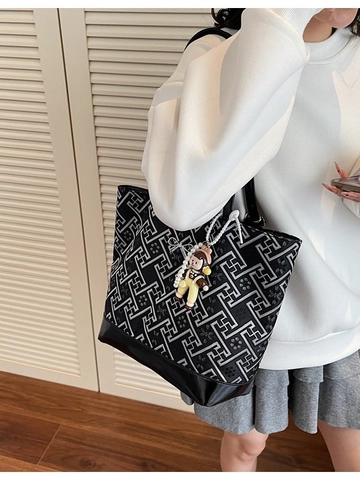 Women Large Capacity Tote Bag Geometric Printed Jacquard Handbag Bow Metal Decoration Casual Shoulder Bag For Daily Use
