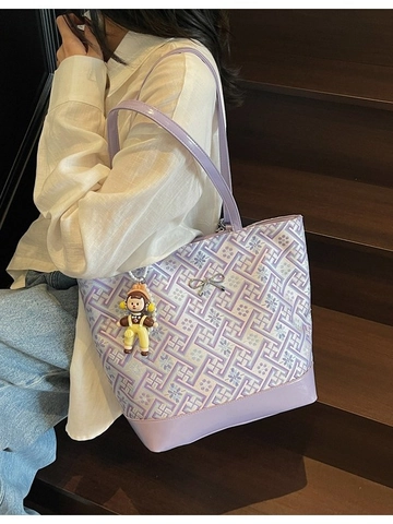 Women Large Capacity Tote Bag Geometric Printed Jacquard Handbag Bow Metal Decoration Casual Shoulder Bag For Daily Use