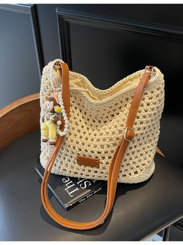 Women's Straw Woven Shoulder Bag Hollow Out Crochet Bucket Bag With Cartoon Doll Pendant Summer Beach Vacation Travel Handbag
