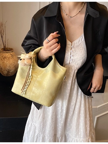 Fashion Women Crocodile Pattern PU Leather Bucket Bag Large Capacity Crossbody Shoulder Handbag With Plush Bear Charm